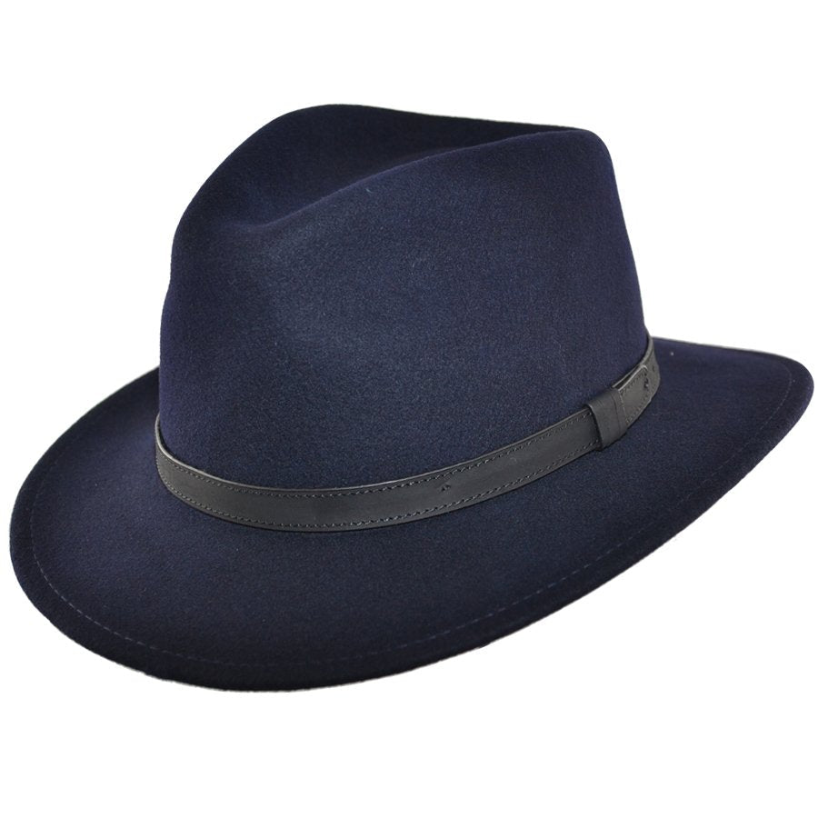 Wool Felt Fedora Hat With Leather Band - Navy