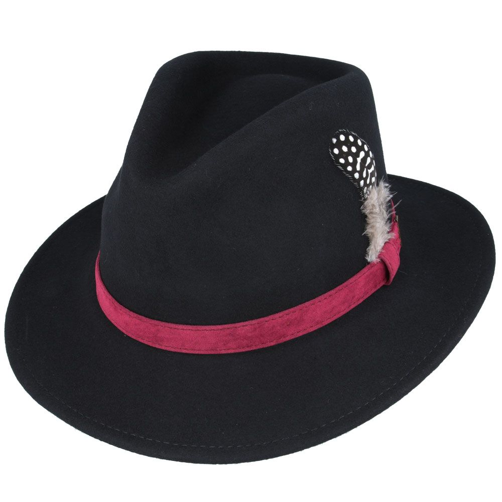 Crushable Wool Felt Fedora Hat With Feather Pin - Brown