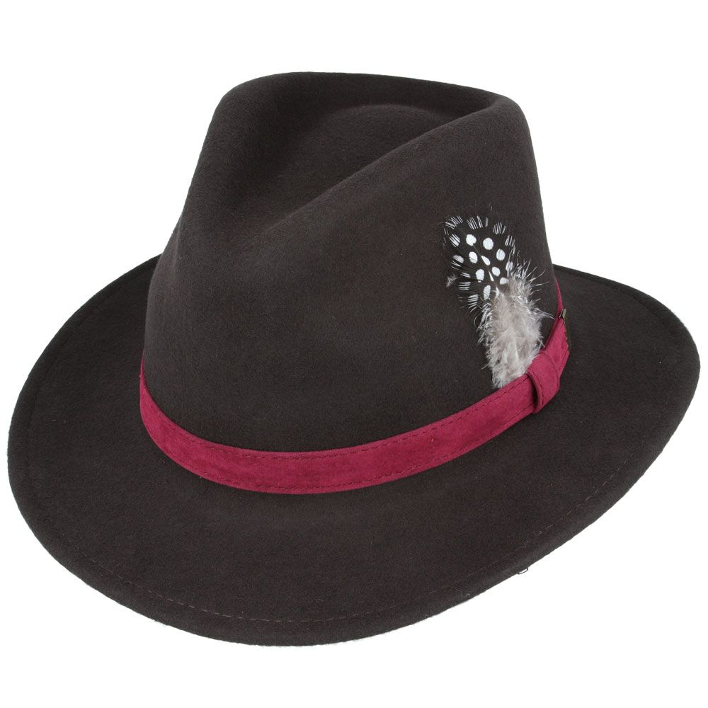 Crushable Wool Felt Fedora Hat With Feather Pin - Brown