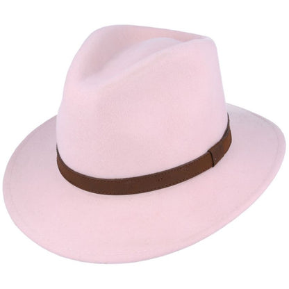 Wool Felt Fedora Hat With Leather Band - Baby Pink