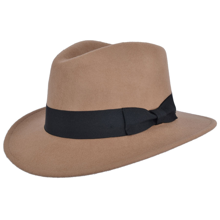 Wool Fedora With Grosgrain Ribbon Band Hat - Camel