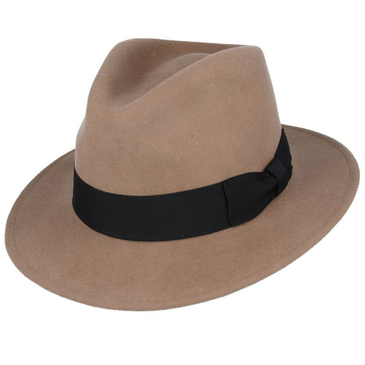 Wool Fedora With Grosgrain Ribbon Band Hat - Camel