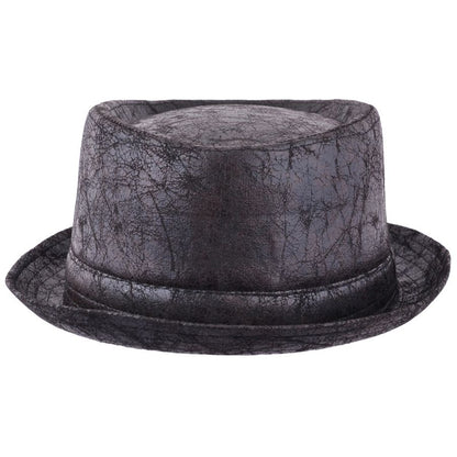 Cracked Leather Distressed Vintage Pork Pie Hat - Black